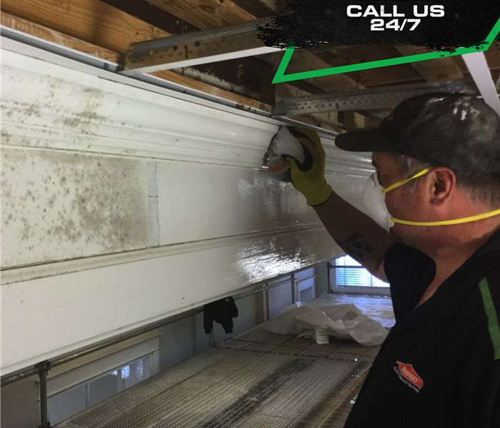 SERVPRO tech wearing protective hat, mask, and gloves while working on mold damage clean up. With caption: CALL US 24/7