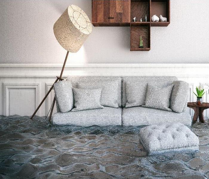 Flood in a house with furniture floating